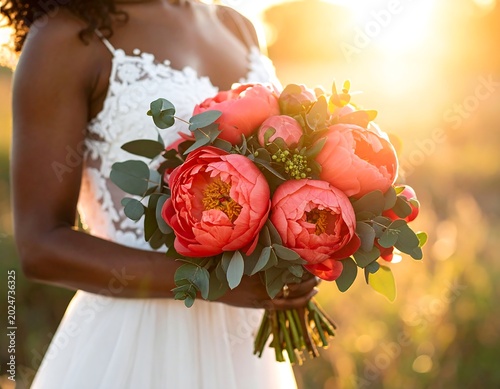 Woman holding coral peony bouquet against golden sunset light