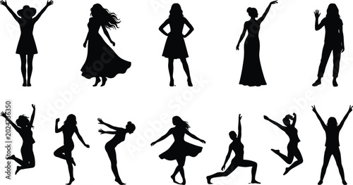Foto Black, silhouette, collection, of, cheering, school, kids, talking, friends, family, walking, on, grass, and, travelers, vector, panels, background, set, illustration