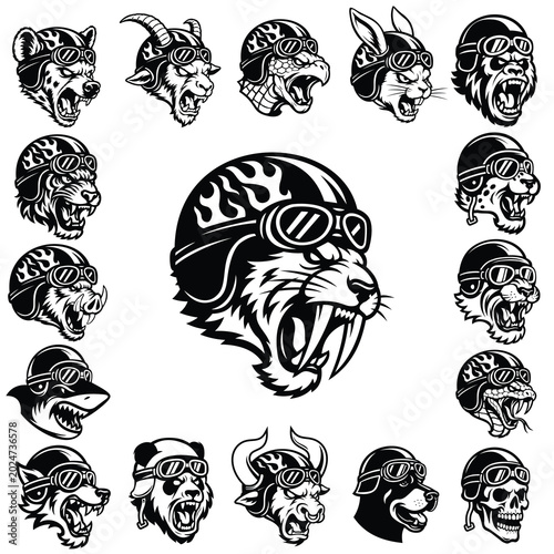 16 Rampaging Animal Racer Biker Bundle Vintage Helmet Monochrome Tattoo Vector Set
