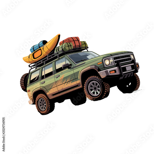 An adventurous off-road vehicle packed for a journey with a kayak on the roof rack.