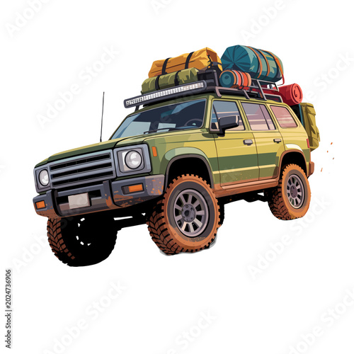 A rugged, green off-road vehicle loaded with camping gear, ready for adventure.