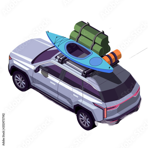 A car packed with camping gear, including a kayak, ready for an adventure.