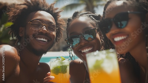 Friends enjoying tropical cocktails by the pool on a sunny day
