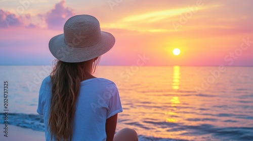Woman in a straw hat admiring a pastel-colored sunset over the ocean