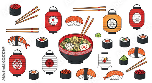 Foto Sushi and Japanese food items.