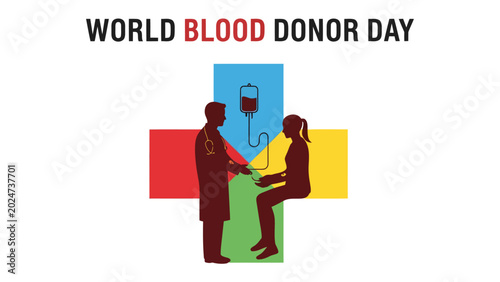 Foto World Blood Donor Day: A stylized illustration representing World Blood Donor Day, showing a medical professional collecting blood from a donor against a backdrop of a colorful cross