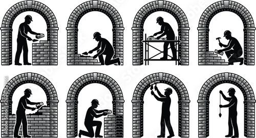 Tableau sur toile Mason Worker Silhouette Collection with Bricklaying, Construction Repair, Arch B
