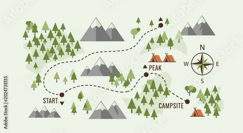 Tableau sur toile Trail map with compass and mountains.