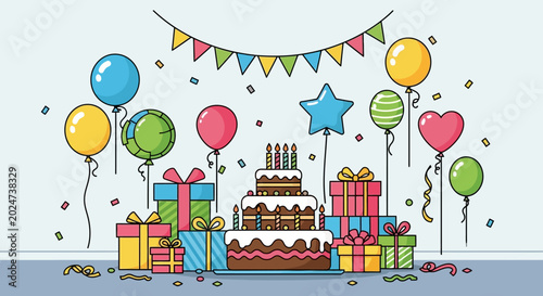 Schilderij op canvas Birthday cake with colorful presents balloons.