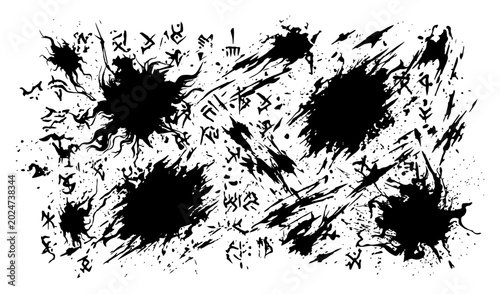 Obraz na płótnie Ink splatters and grunge brush strokes with abstract ancient symbols