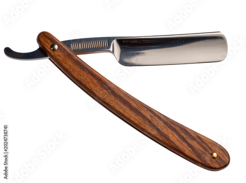 Tableau sur toile Isolated traditional straight razor with a beautiful wooden handle and shiny met