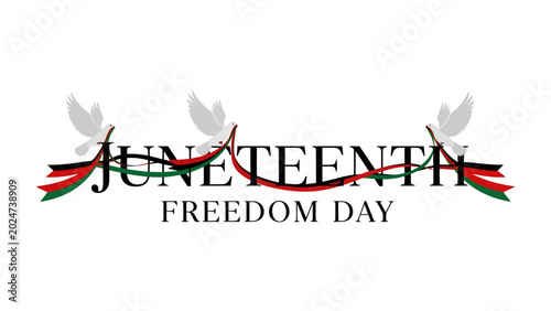 Photos Juneteenth Freedom Day Emblem: A stylized graphic displays Juneteenth Freedom Day adorned with a ribbon in the colors of the Pan-African flag, accented by three white doves
