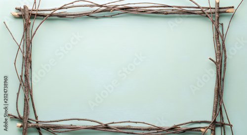 Empty rustic wooden frame made of natural branches on light background