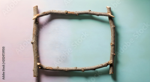 Empty rustic wooden picture frame on pastel green background