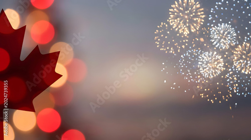 Red maple leaf with bokeh and fireworks Canada Day