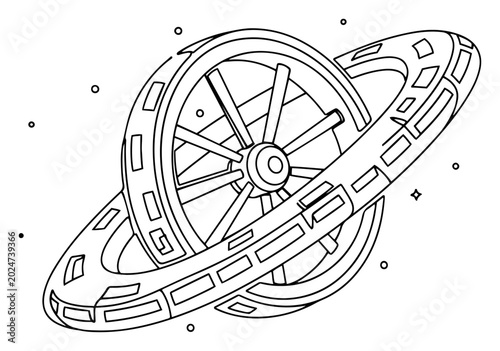 Tableau sur toile Futuristic space station with rotating rings in celestial orbit in line art styl