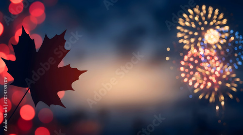 Canadian maple leaf with fireworks at night Canada Day