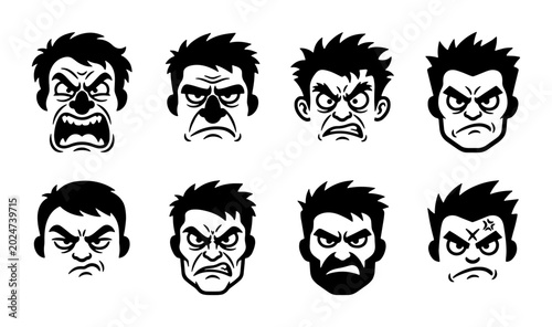 Valokuva Angry Face Icons, Grumpy Man Expressions, Furious Character Emoticons, Aggressiv