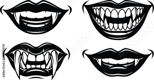 Foto Scary Vampire Mouth Collection with Sharp Fangs, Horror Monster Lips, Creepy Tee
