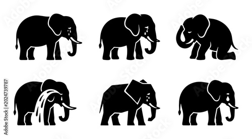 Tableau sur toile Set of Six Black Silhouette Elephant Icons, Diverse Poses, African and Asian Wil