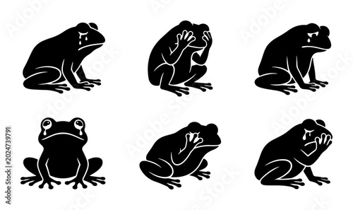 Obraz na plátně Sad Frog Vector Icons, Crying Amphibian Illustrations, Emotional Animal Silhouet