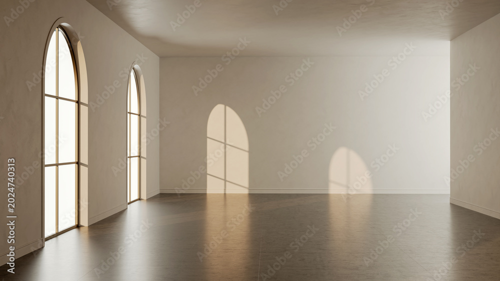 Obraz premium 3D render, illustration Large Luxury modern living room interior, realistic lighting, wide angle, contemporary furniture, clean lines, minimalist decor, elegant home design, large window