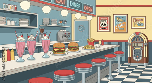 Colorful diner food and milkshakes.