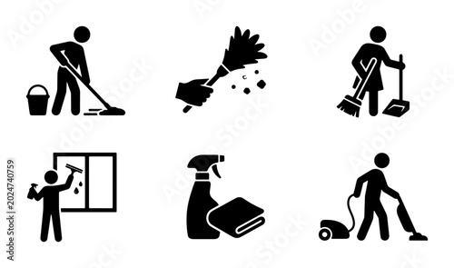 Tableau sur toile Cleaning Icons Set, Household Chores Vector Graphics, Janitorial Services Pictog