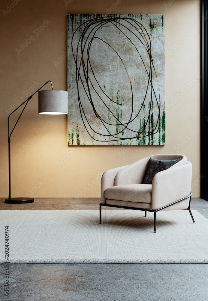 Obraz premium 3D render, illustration Large Luxury modern living room interior, realistic lighting, wide angle, contemporary furniture, clean lines, minimalist decor, elegant home design, large window