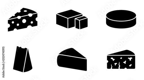 Foto Set of 6 Black Cheese Icons, Vector Graphics: Swiss, Cheddar, Gouda, Brie, Parme