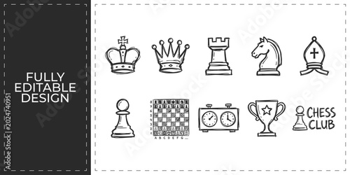 Quadro su tela Hand drawn chess game logic strategy icons featuring king queen rook and board p