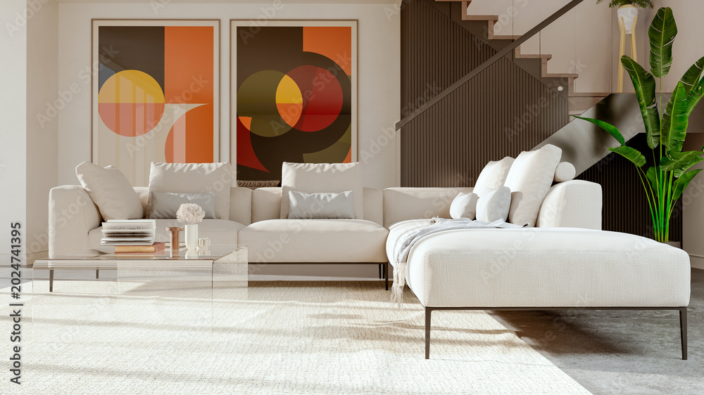 Obraz premium 3D render, illustration Large Luxury modern living room interior, realistic lighting, wide angle, contemporary furniture, clean lines, minimalist decor, elegant home design, large window