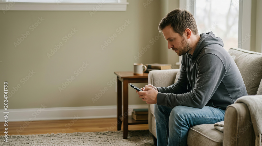 Fototapeta premium Man in grey hoodie sits on beige sofa, focused on smartphone screen in quiet living room with side table and window light.