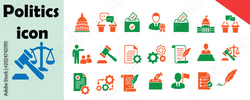 Foto Politics and government icon set with justice scales flat design politics govern