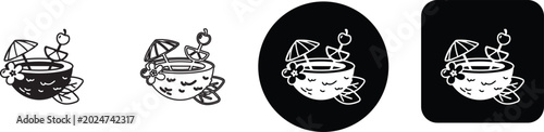 Photos Tropical coconut cocktail drink icon set with cocktail umbrella and summer flowe