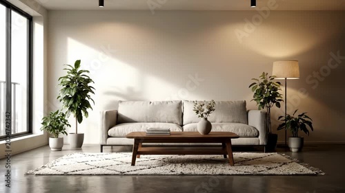 A modern living room is gradually furnished with stylish decor. This bright space transforms into a cozy and inviting home.