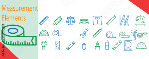Foto Measurement elements icon set with tape measure and scales weight scale measurem