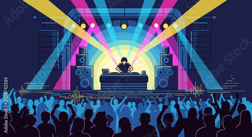 DJ performing on stage with crowd.