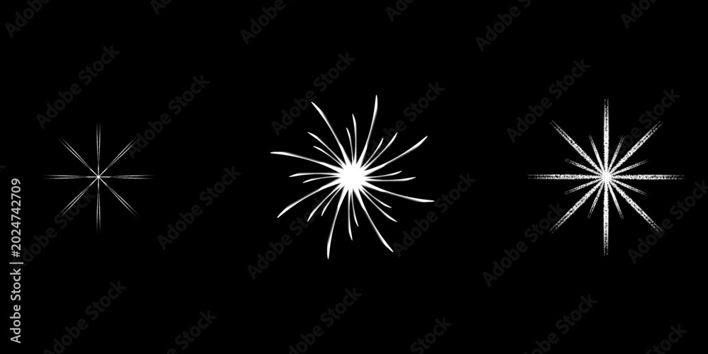 Fototapeta premium Abstract Starburst Sparkle Icons Set | Minimal Luxury Light Burst Symbols | Black and White Shining Stars Collection