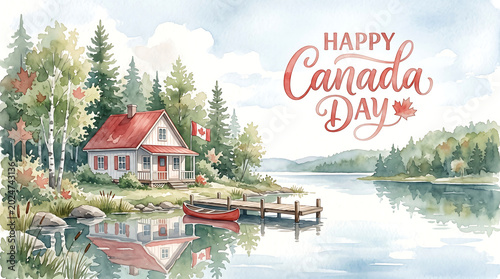 Watercolor illustration of a lakefront cottage for happy canada day celebration