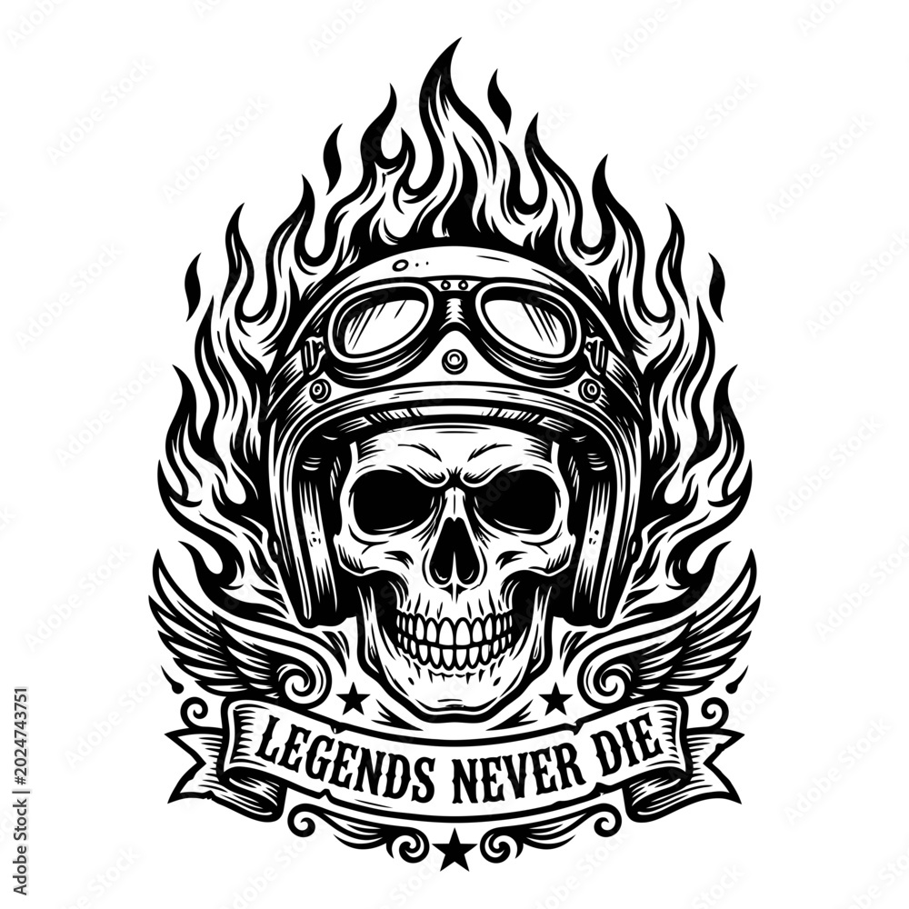 Fototapeta premium Biker Skull with Flames Legends Never Die