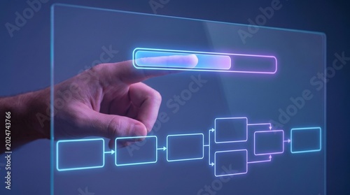 Person Interacting with Digital Workflow Process on Transparent Touchscreen