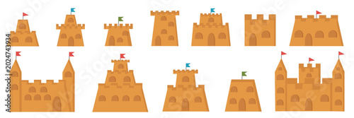 Sandcastles Vector Set, Flat Sand Castle Icons Collection for Summer Beach Design. Perfect for summer beach vacation graphics, children's book illustrations, nursery decor, seaside travel agency promo