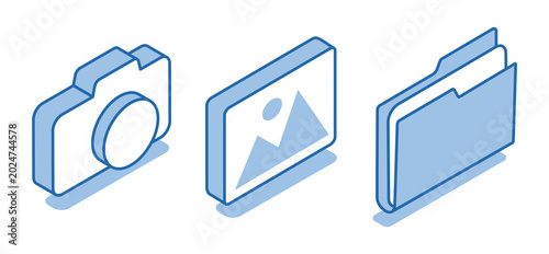 Isometric vector set of camera icons next to folder and image icon isolated on white background, digital photography