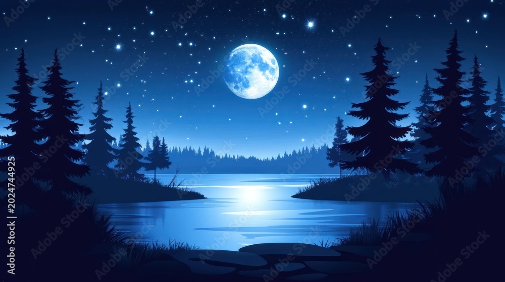 Fototapeta premium Moonlit lake in the forest at night starry sky nature landscape illustration