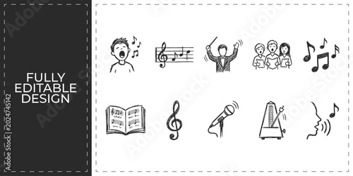 Photos Hand drawn musical notation and audio symbols with treble clef notes and microph
