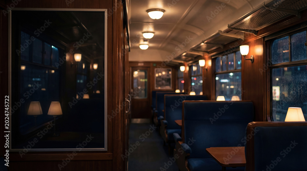 Fototapeta premium Vintage train interior blue seats wooden panels warm lighting cozy atmosphere night empty nostalgic travel window reflections