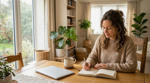 Woman writing in notebook at wooden table near window with plants and coffee cup in bright room