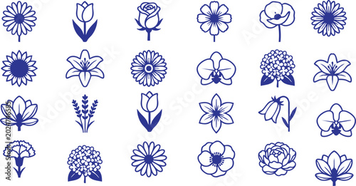 Collection of twenty-four hand-drawn blue floral illustrations, diverse flower types, elegant and simple line art style.