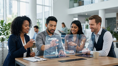 Diverse business team collaborates on futuristic holographic data displays in modern office environment with natural light and plants visible.